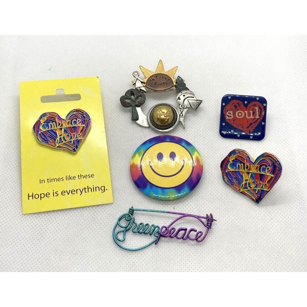 Vintage to Now Lot of 6 Peace Hope Pin Brooch Greenpeace Earth Soul Embrace Hope